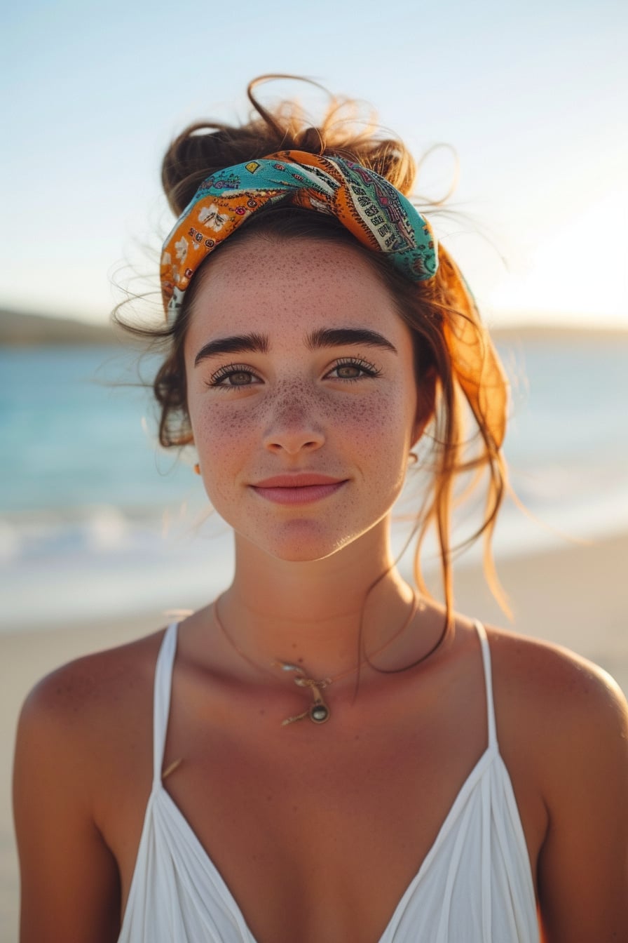  A young woman with sun-kissed skin, wearing a bright, patterned scarf tied as a headband, with a simple, white sundress, standing on a sandy beach, sunset in the background.