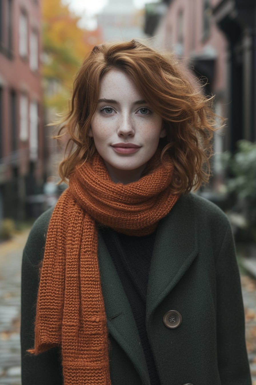  A young woman with auburn hair, wearing a chunky, knitted scarf in deep orange, paired with a dark green wool coat, standing on a cobblestone street, surrounded by fall foliage, overcast day.