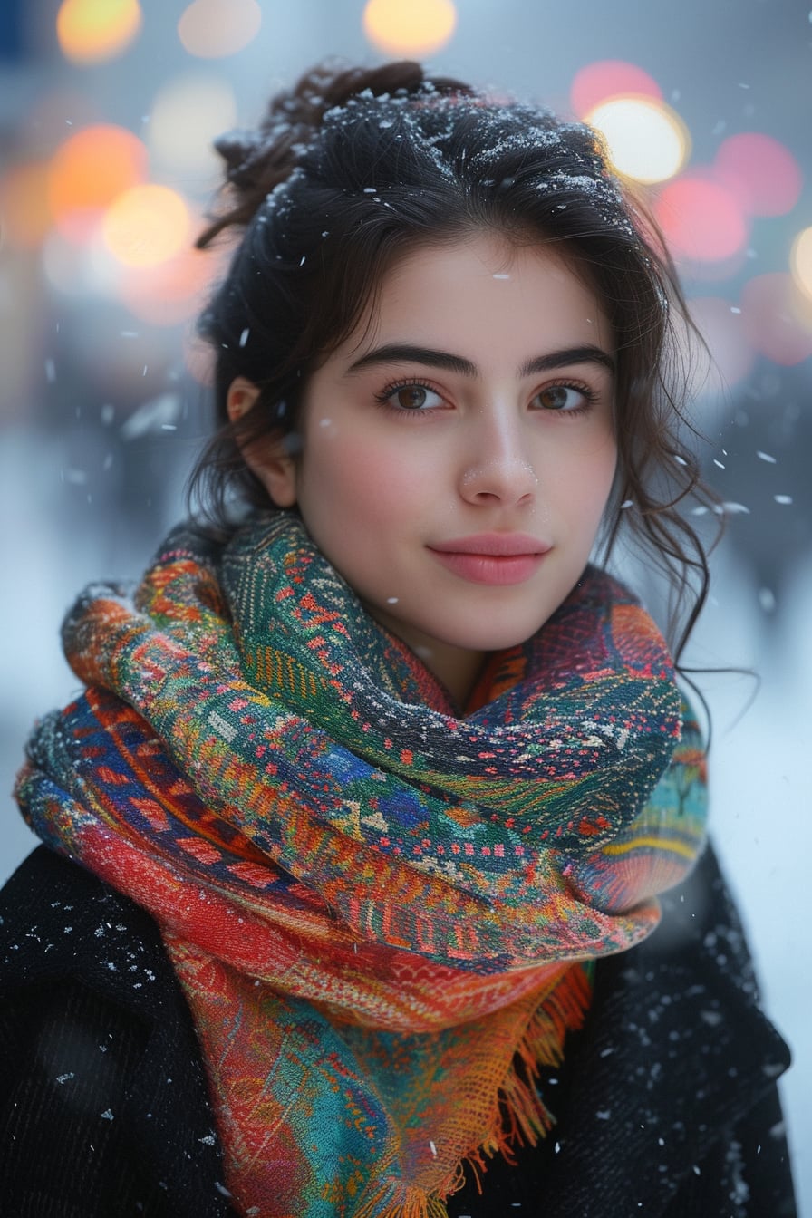  A young woman with dark hair, wearing a large, patterned scarf in vibrant colors, wrapped around her neck, paired with a black wool coat, standing in a snowy city street, evening light.
