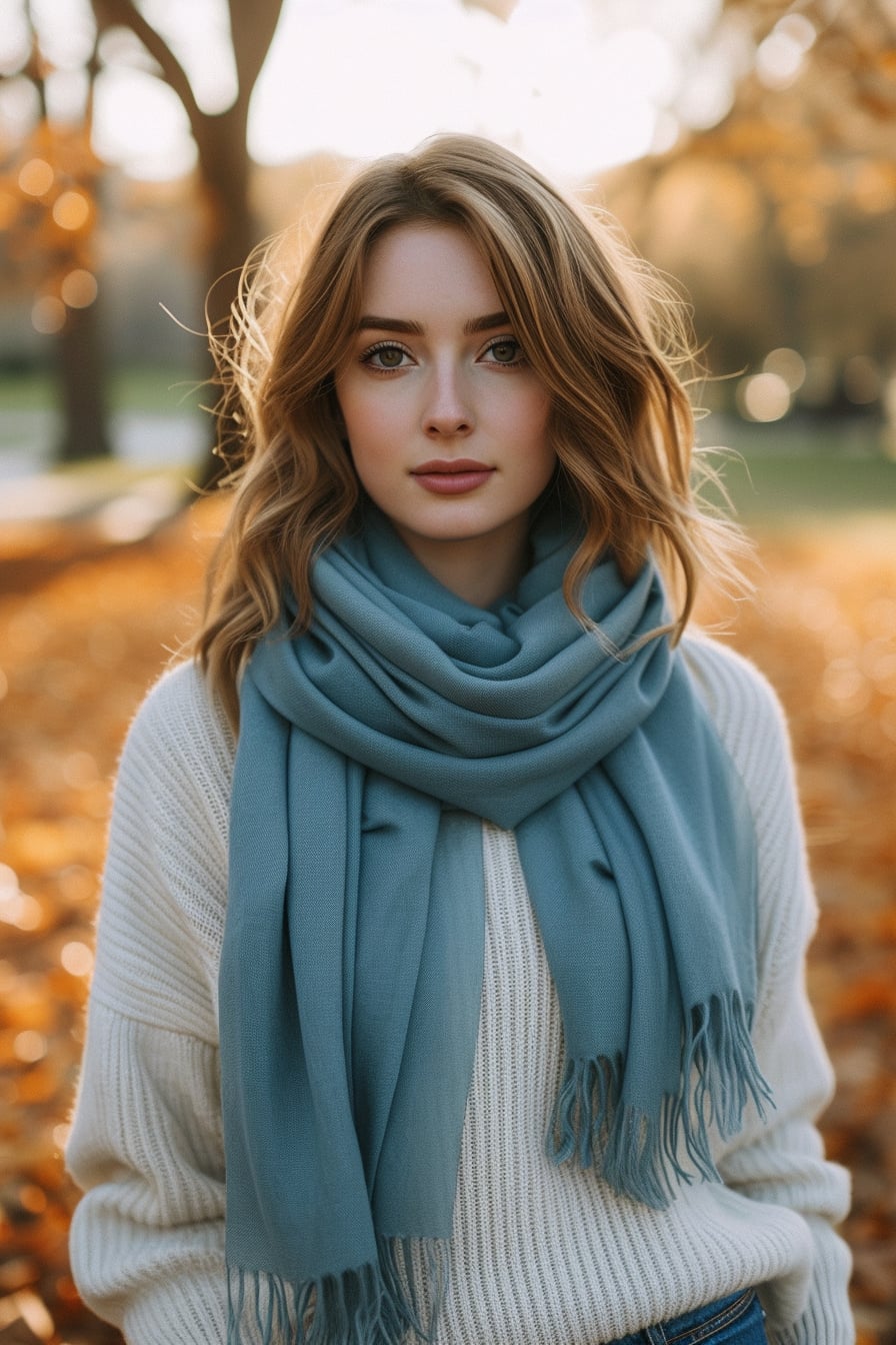  A full-length image of a young woman with light brown hair, wearing a soft, oversized, pastel blue scarf, paired with a white sweater, jeans, standing in a park with autumn leaves around, golden hour.