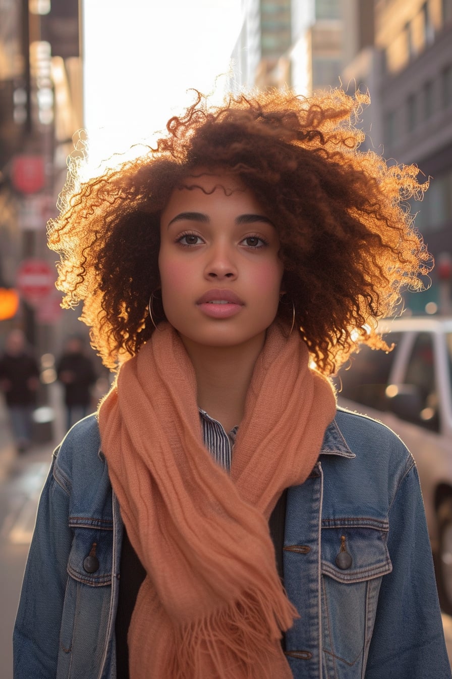 A young woman with curly hair, wearing a lightweight scarf in a soft, transitional color, draped over her shoulders, paired with a denim jacket, standing in a city street, early evening, the setting sun casting a warm glow.
