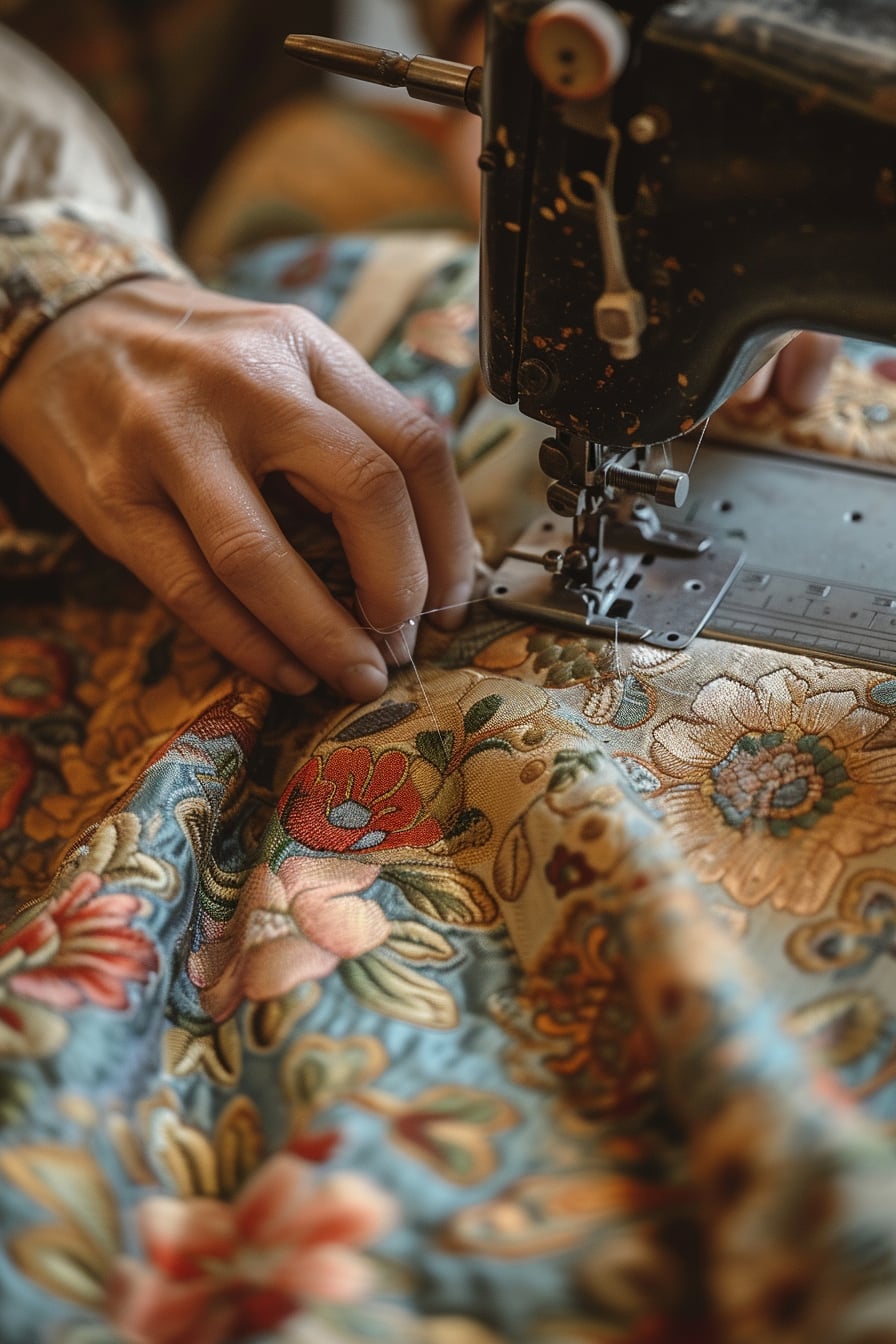  A close-up of the sewing process, focusing on the skirt being altered on a sewing machine, with threads, needles, and fabric scraps visible, emphasizing the hands-on transformation, natural daylight.
