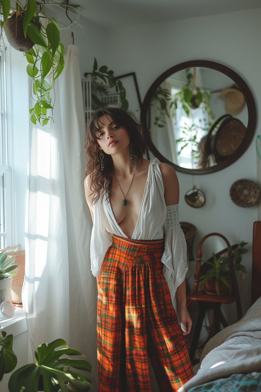  A young woman, mirror selfie, showcasing the transformed skirt paired with modern accessories, in a bright, stylish bedroom, reflecting a blend of vintage and contemporary aesthetics.