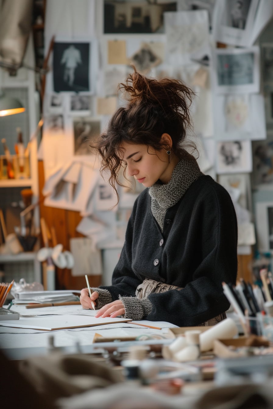  A woman in a cozy, well-lit studio, surrounded by fashion design tools, intently sketching the redesigned skirt on a drawing pad, inspiration images pinned on the wall behind her.