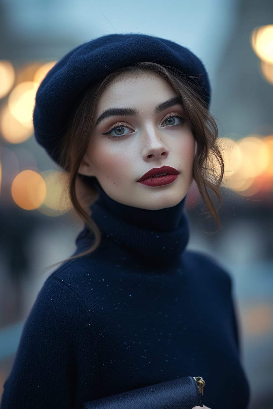  A close-up image of a young woman with elegant makeup, wearing a navy blue wool beret, matching navy blue turtleneck, and holding a small navy leather clutch, blurred cityscape in the background, twilight.