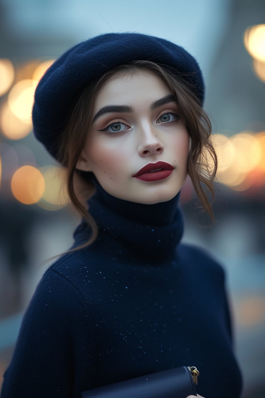A close-up image of a young woman with elegant makeup, wearing a navy blue wool beret, matching navy blue turtleneck, and holding a small navy leather clutch, blurred cityscape in the background, twilight.
