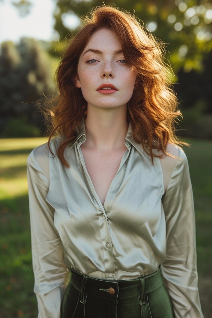  A young woman with wavy auburn hair, donning a light olive green silk blouse tucked into high-waisted, darker olive green velvet pants, minimalist urban park setting, golden hour.