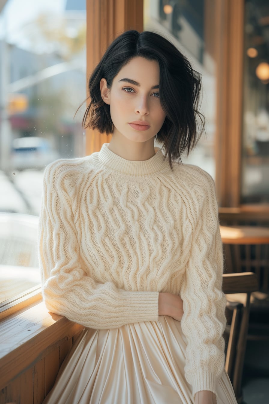A portrait of a young woman with short, jet-black hair, wearing a monochrome outfit with a textured cream cable knit sweater and smooth cream silk midi skirt, a quaint café background, mid-morning, natural light filtering through.