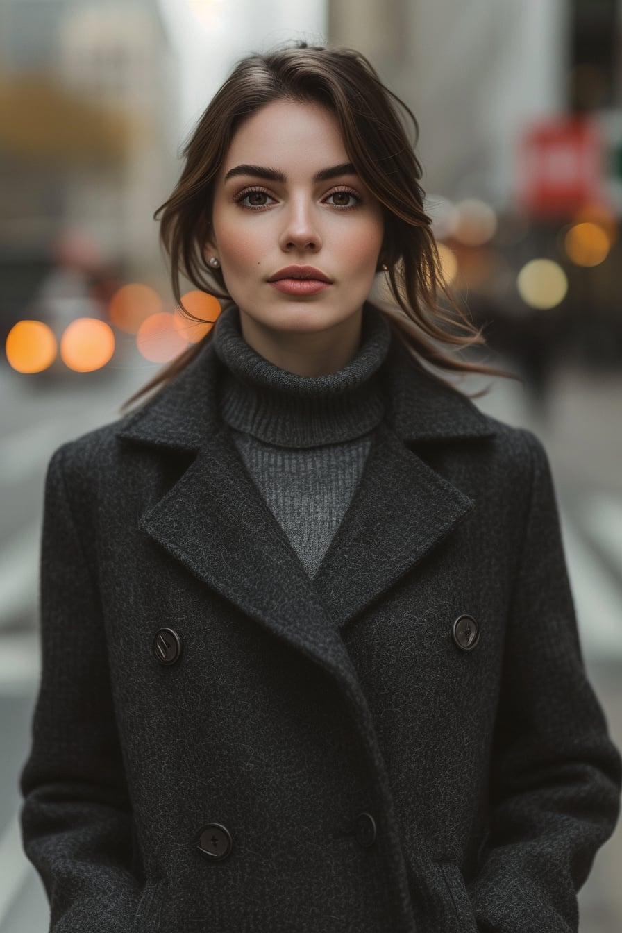  A full-length image of a graceful young woman with sleek brown hair, wearing a sophisticated charcoal grey wool coat over a matching grey knit dress, standing on a city street, early evening, soft lighting.