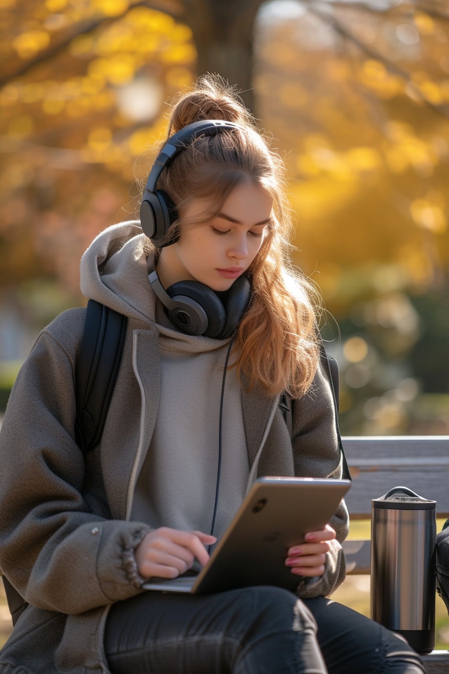 A young woman sitting on a bench, engrossed in a book on her e-reader, headphones around her neck, a stylish water bottle and compact power bank beside her, afternoon in a serene park.