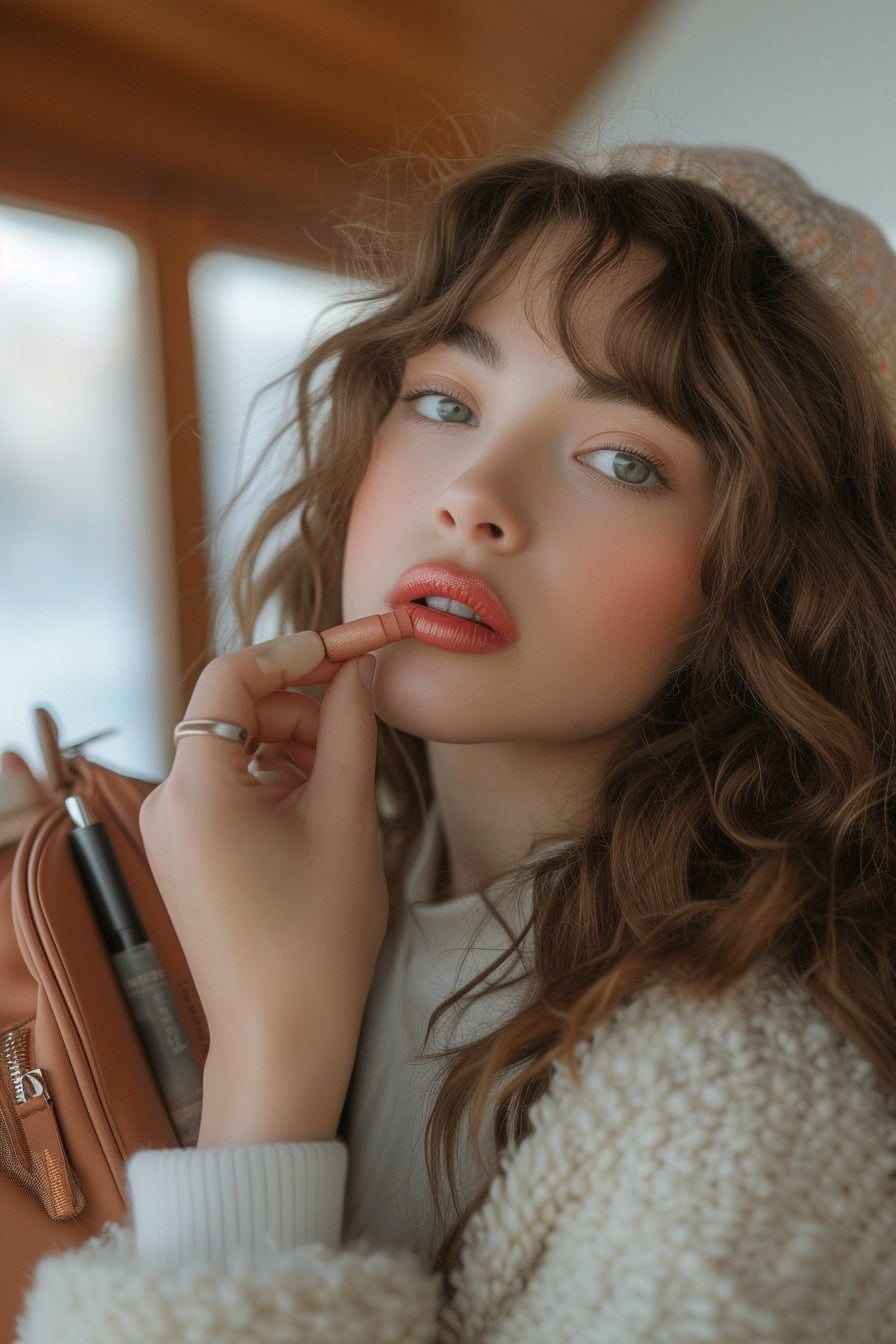 A close-up image of a young woman applying tinted lip balm, her makeup bag open beside her, revealing a compact assortment of beauty products, natural daylight.