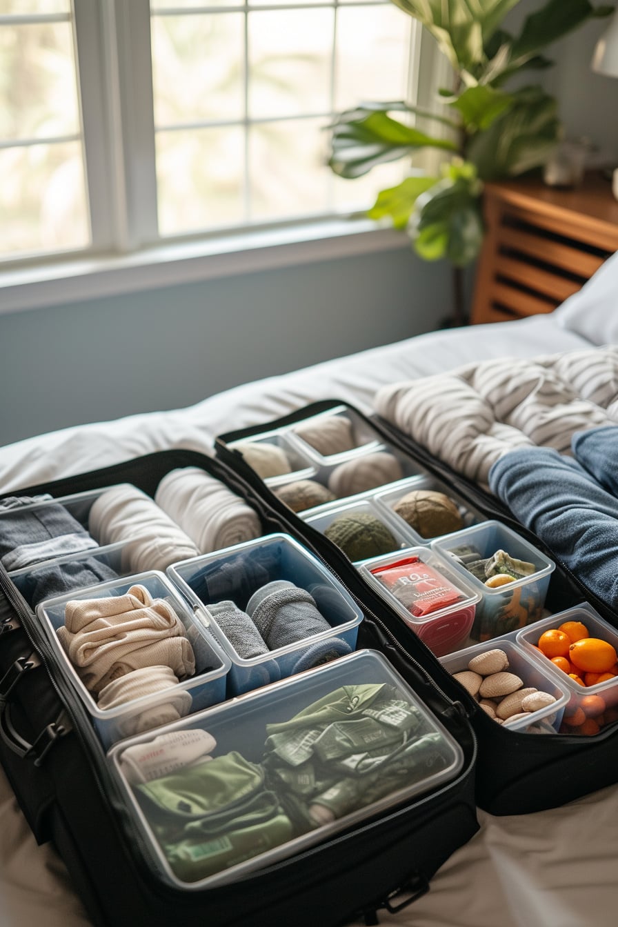 A neatly organized travel bag open on a bed, clothes rolled and arranged in packing cubes, a small empty space left for souvenirs, natural light from a nearby window.