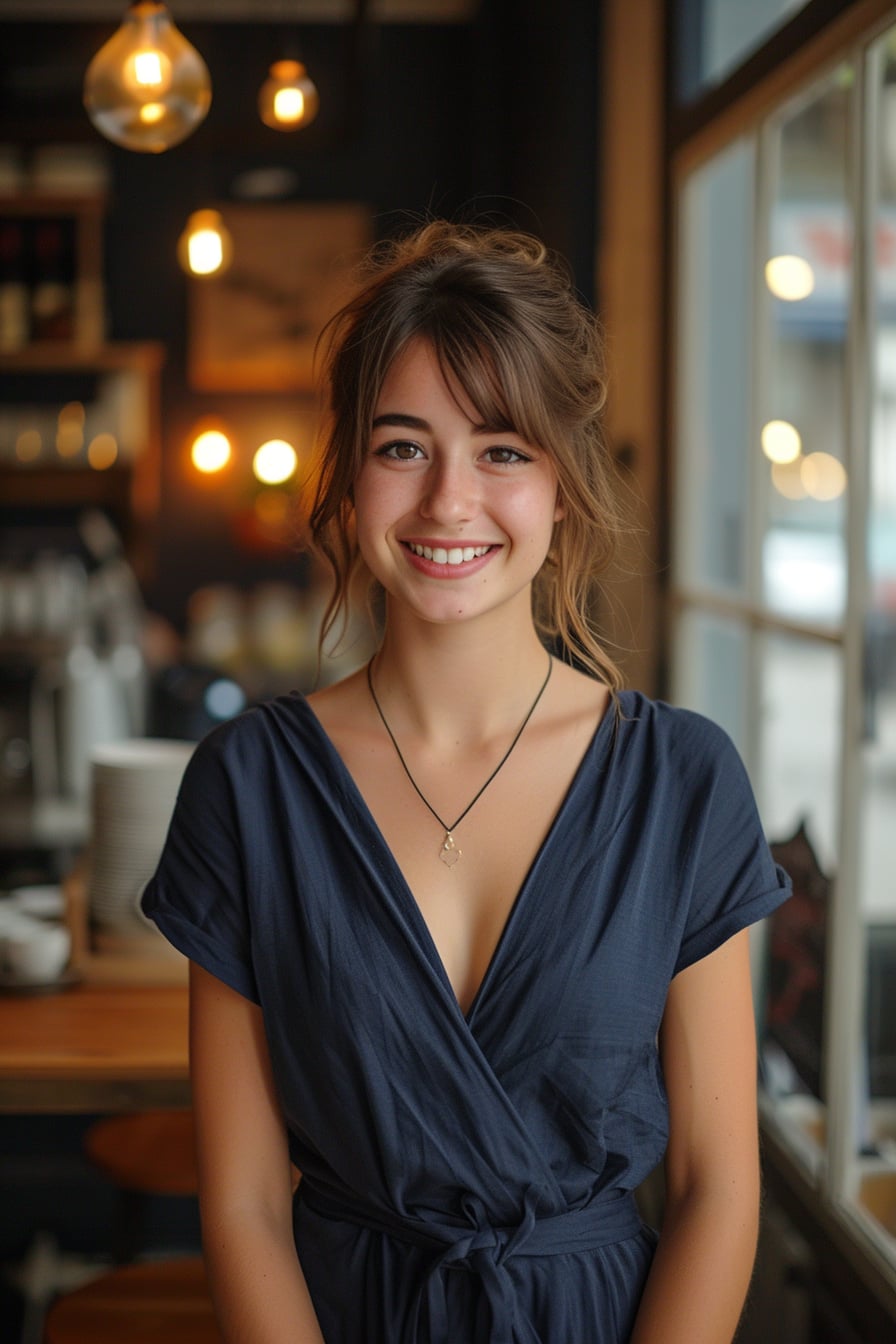 A young woman with a radiant smile, wearing a navy blue wrap dress, standing in a quaint café, soft evening light filtering through the window.