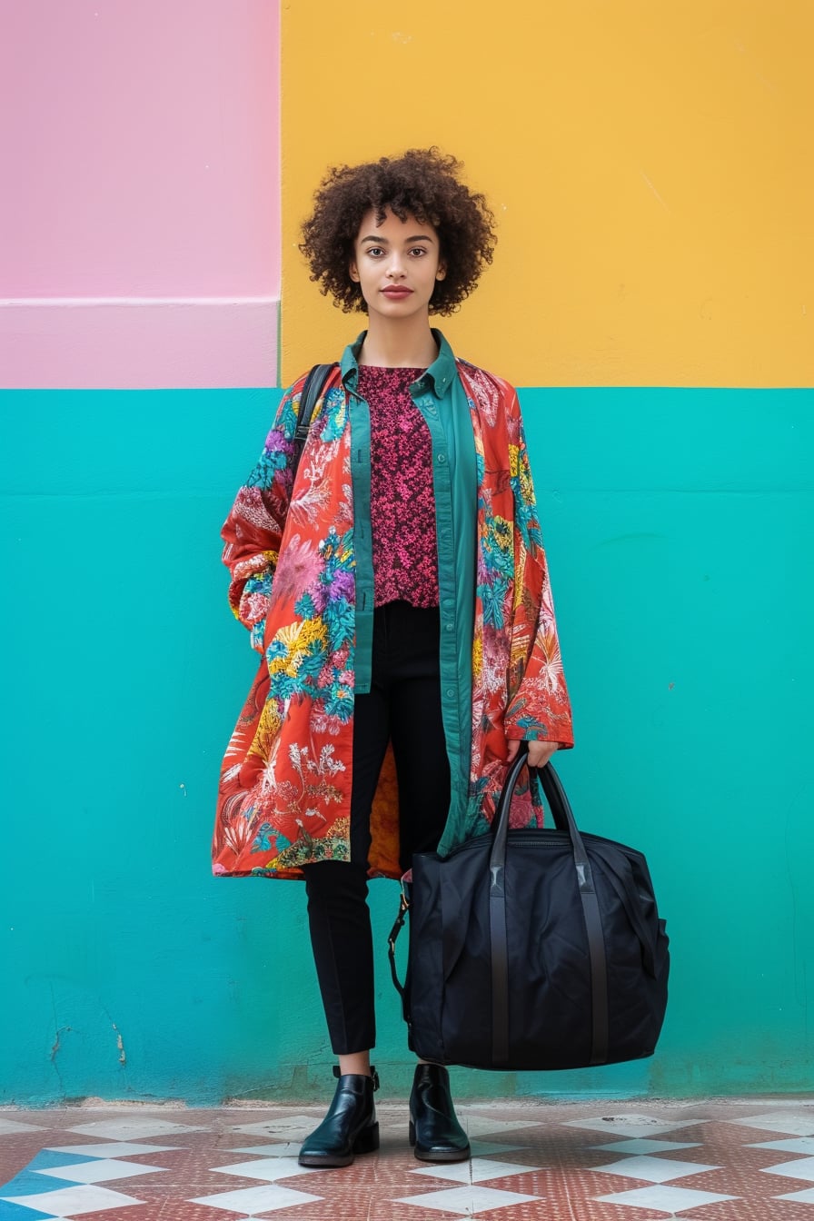  A full-length image of a young woman with curly hair, standing confidently with a stylish, compact travel bag, in front of a pastel-colored wall, morning light.