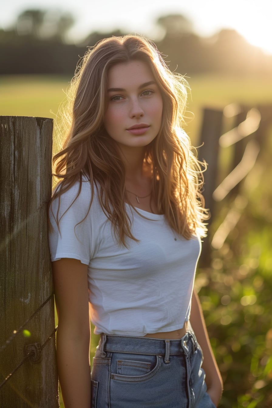  A young woman, leaning against a rustic wooden fence, wearing a crisp white t-shirt and classic blue jeans, golden hour sunlight.