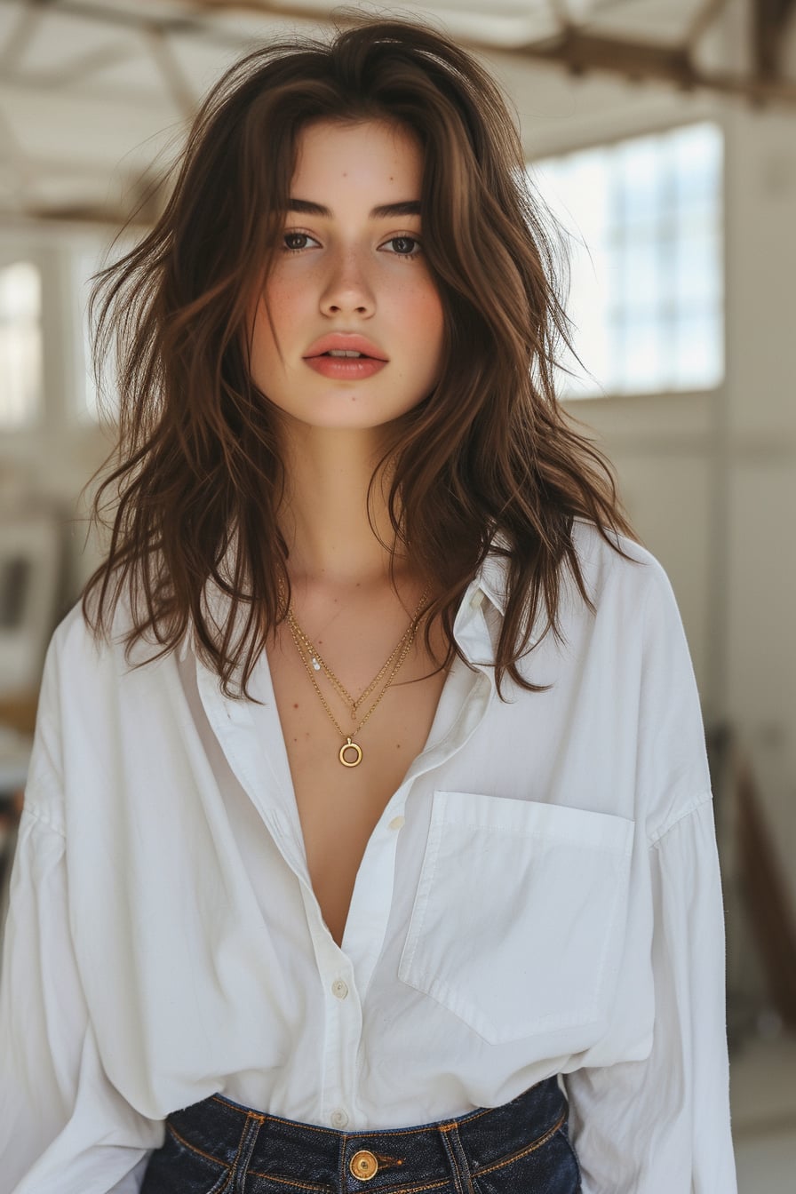  A close-up image of a young woman with soft waves in her hair, showcasing a delicate gold pendant necklace layered over a crisp white button-down shirt, with a glimpse of high-waisted dark denim jeans, in a bright, airy workspace.