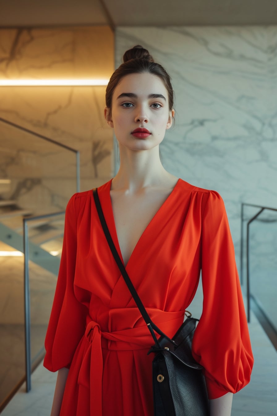 A full-length image of a young woman with a sleek, low bun, wearing a bright red, belted midi dress with a subtle geometric pattern, holding a minimalist black leather tote, standing in a chic, minimalist office lobby, under soft, warm lighting.