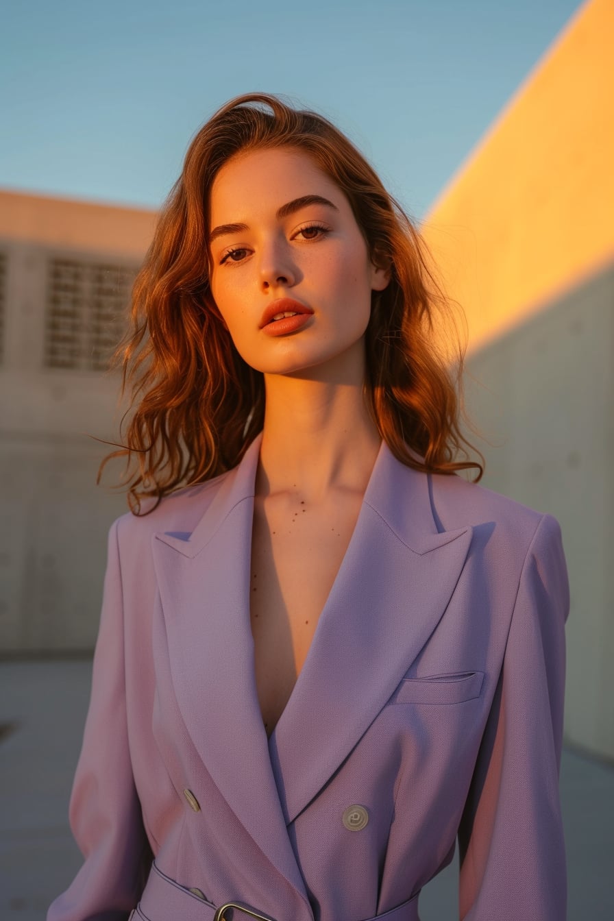  A young woman with wavy hair, standing tall in a lavender suit with a slim belt, in front of a minimalist art gallery, evening light casting a soft glow.