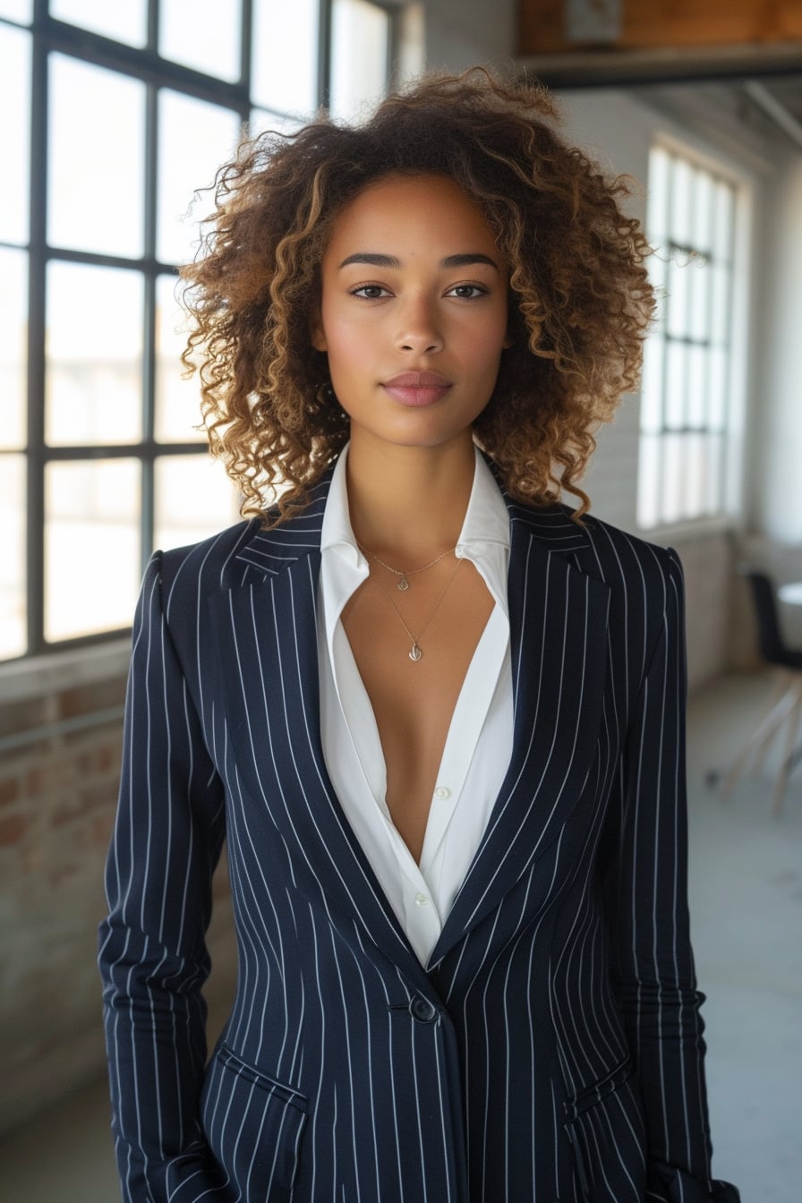  A young woman with curly hair, wearing a pinstripe navy suit paired with a crisp white shirt, in a creative office space, natural light flooding in from large windows.