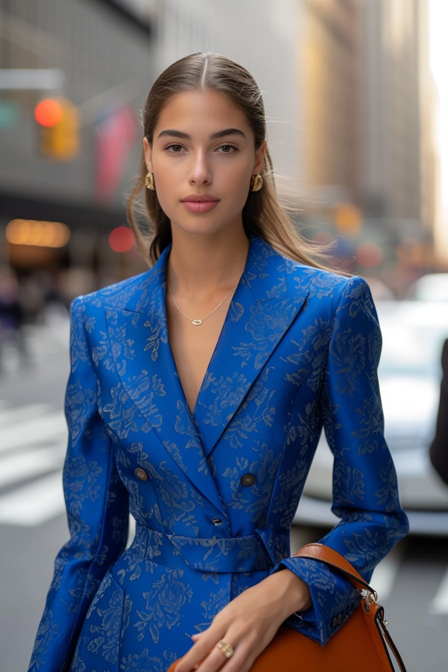  A woman with sleek hair, donning a cobalt blue suit with a subtle floral pattern, holding a leather briefcase, in a bustling city street, late afternoon.