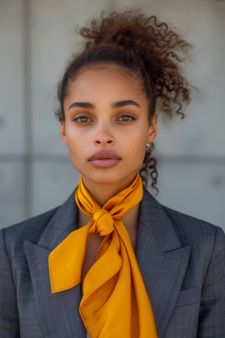  Close-up of a young woman with a sleek ponytail, wearing a bright yellow silk scarf tied around her neck, complementing a charcoal grey suit, soft focus on the accessories.