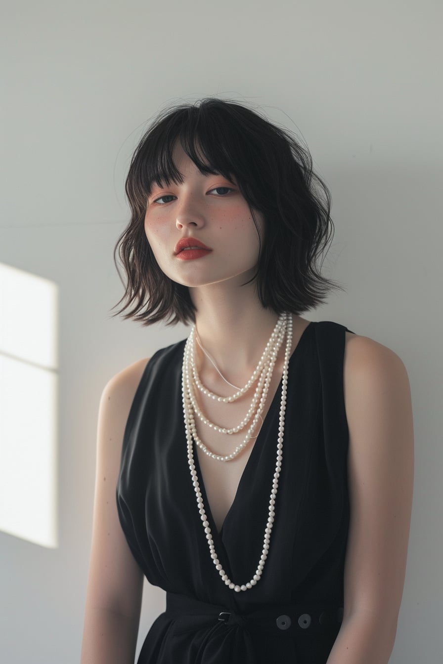  A full-length image of a young woman with sleek, shoulder-length hair, wearing a modern, sleeveless black jumpsuit with a string of large pearls draped around her neck, standing against a minimalist, white background, soft natural light filtering in from the left.