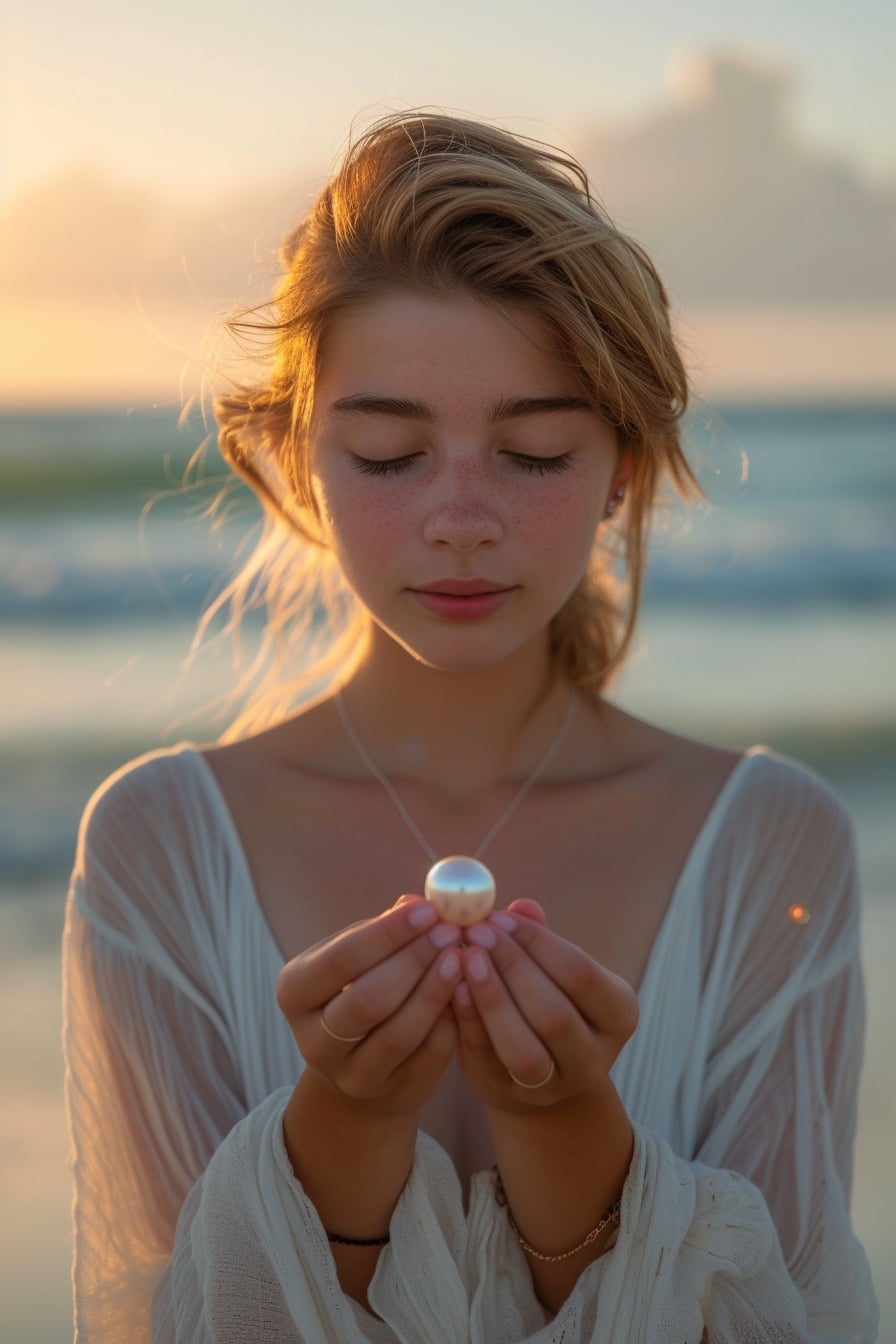  A close-up image of a young woman holding a single, luminous pearl in her fingers, with a serene ocean background, symbolizing the sustainable beauty of pearls, captured in the soft glow of the morning light.