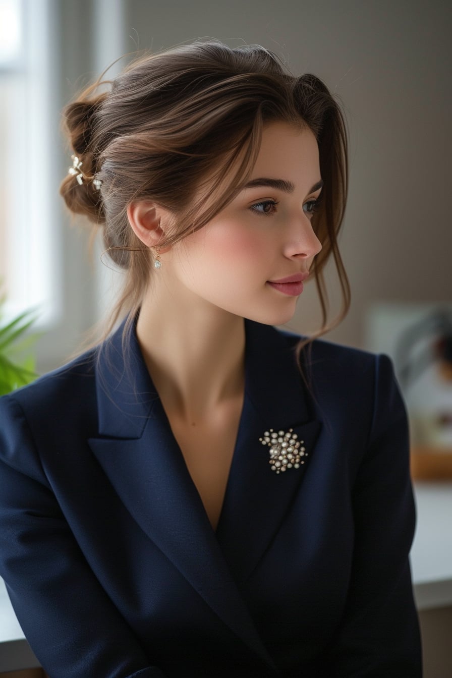  A woman sitting at a sleek, modern desk, wearing a navy blue blazer with a pearl brooch pinned to the lapel, her hair styled in a low bun secured with a pearl hair clip, embodying a modern professional aesthetic, with soft daylight highlighting her features.