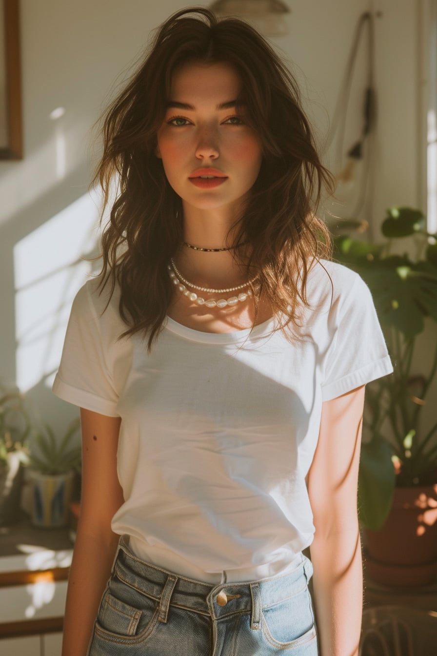  A mid-length image of a young woman with wavy hair, wearing a simple white T-shirt and high-waisted jeans, a delicate pearl necklace adorning her neck, standing in a sunlit, cozy home setting, embodying effortless daytime elegance.