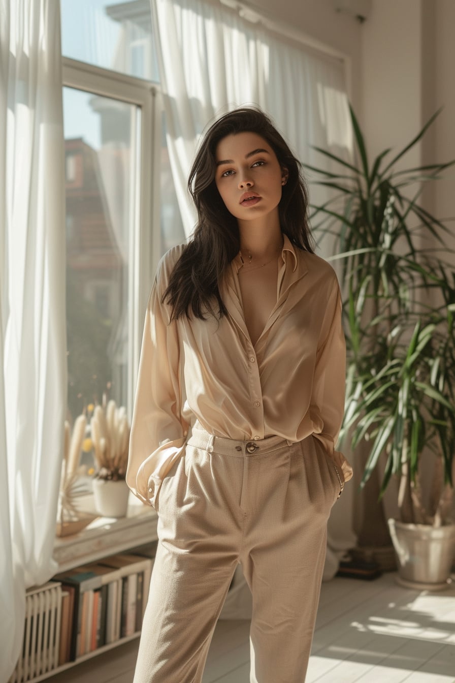 A young woman with sleek black hair, showcasing a pair of high-waist, wide-leg modern trousers paired with a vintage silk blouse in pastel shades, standing in a chic, urban loft, soft natural light filtering through large windows.