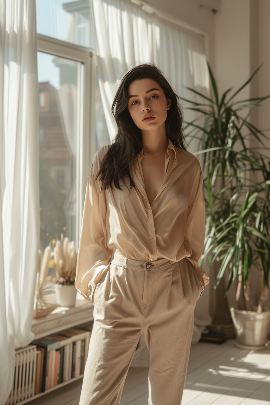 A young woman with sleek black hair, showcasing a pair of high-waist, wide-leg modern trousers paired with a vintage silk blouse in pastel shades, standing in a chic, urban loft, soft natural light filtering through large windows.