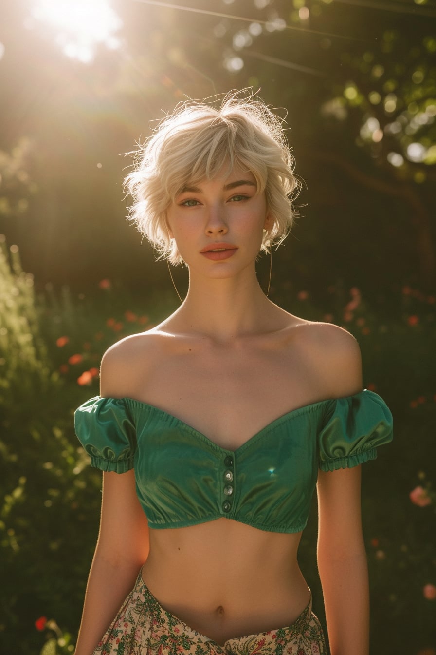  A young woman with short blonde hair, wearing a vibrant modern emerald green top tucked into a high-waisted vintage skirt in a muted floral print, standing in a sun-drenched garden, late afternoon.