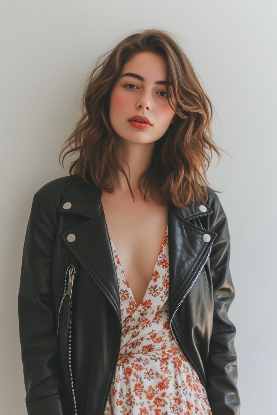  A full-length image of a young woman with wavy brown hair, wearing a classic black leather jacket over a vintage floral midi dress, standing in front of a modern, minimalist white wall, morning light.