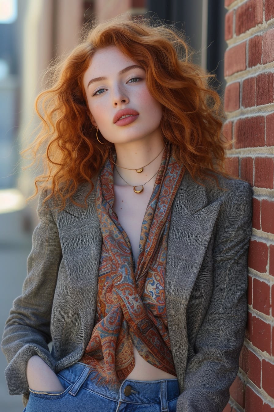 A young woman with curly red hair, wearing a modern structured blazer over a vintage patterned silk scarf, denim jeans, casually leaning against a brick wall, soft afternoon sunlight.