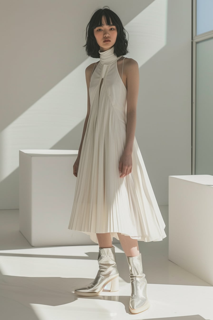  A young woman with sleek, black hair, wearing a simple, elegant white dress with a high neckline, paired with statement, metallic chunky boots, in a minimalist, brightly lit gallery space, noon.