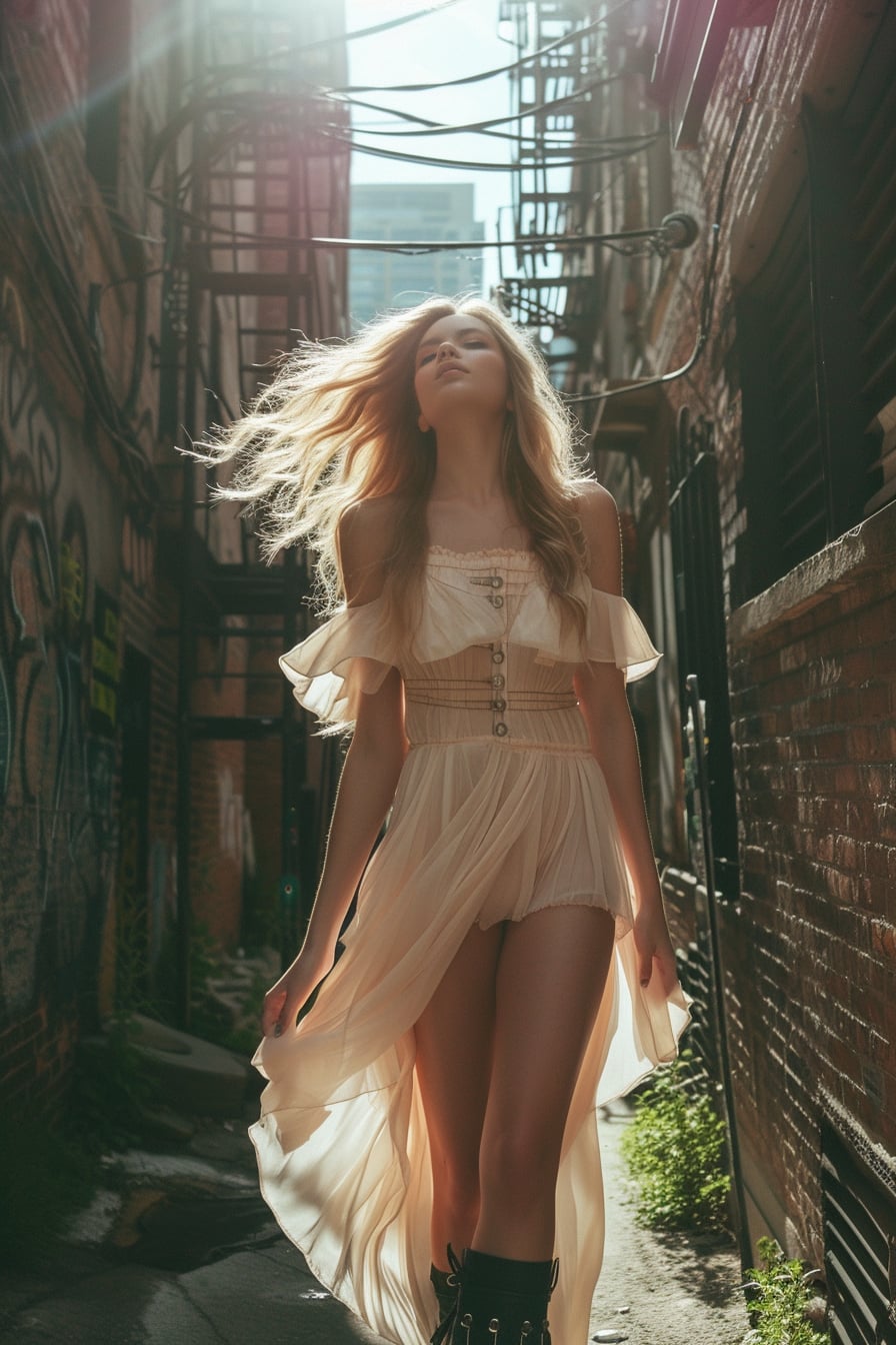  A full-length image of a young woman with sun-kissed hair, wearing a soft, flowing pastel dress paired with bold, black chunky boots, standing in a sunlit urban alley, morning.