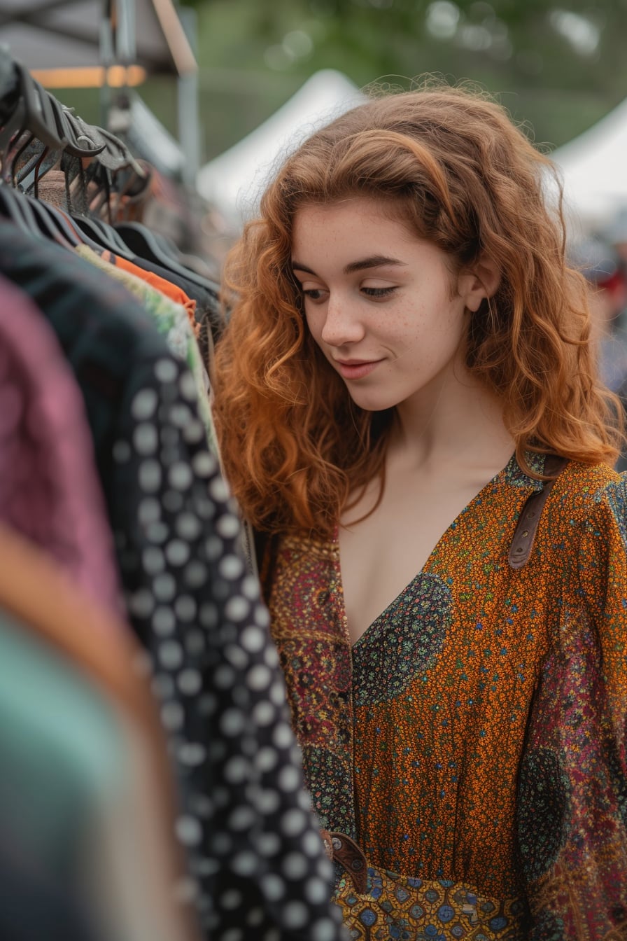  A young woman with curly, auburn hair, wearing a vintage-inspired polka dot dress and sturdy, leather chunky boots, browsing through a rack of clothes at an outdoor flea market, late morning.