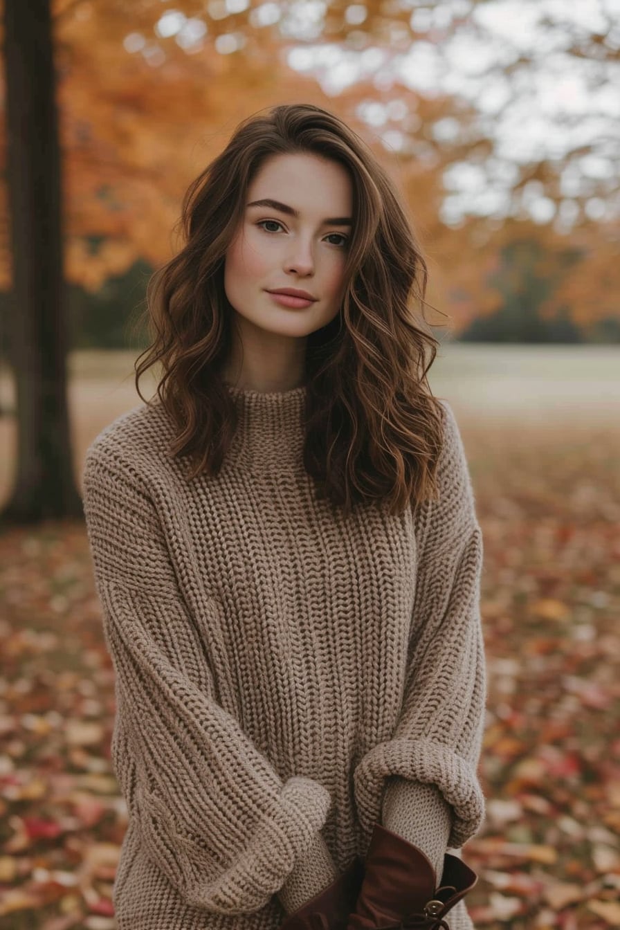  A young woman with wavy brunette hair, wearing a cozy, knit sweater dress in earth tones, paired with chunky, dark brown boots, standing in a park with autumn leaves, early evening.