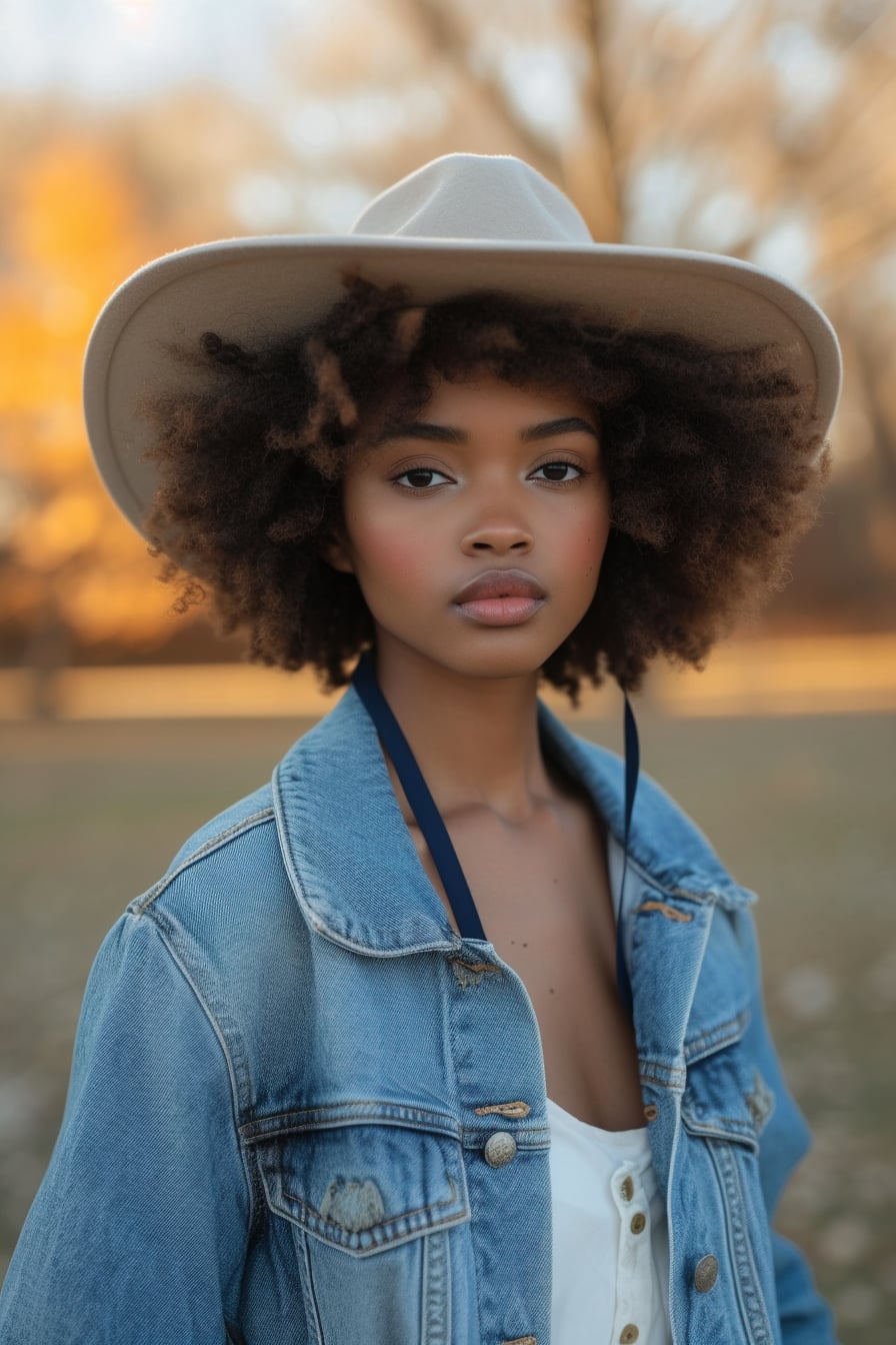  A young woman with short, curly hair, wearing a beige fedora with a navy ribbon, paired with a casual denim jacket and a simple white dress, standing in a park, midday with soft sunlight.