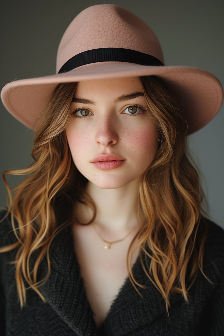  Close-up image of a young woman holding a soft, woolen fedora in a muted rose color, with a simple, thin black ribbon around the base, natural daylight.
