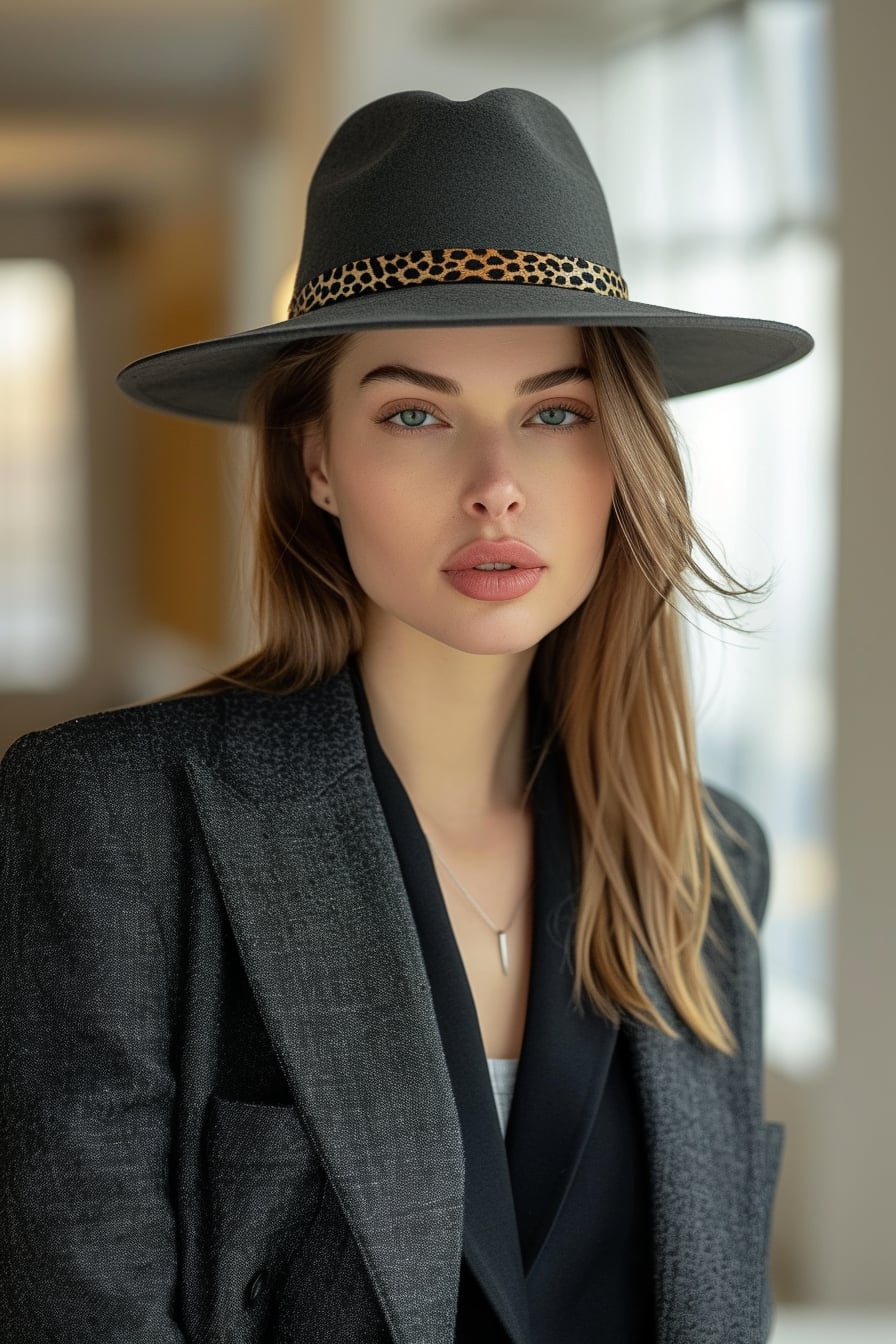  A young woman with sleek, straight hair, wearing a charcoal gray fedora with a subtle leopard print band, paired with a tailored, monochrome outfit, in a modern, minimalist interior, natural light from a nearby window.