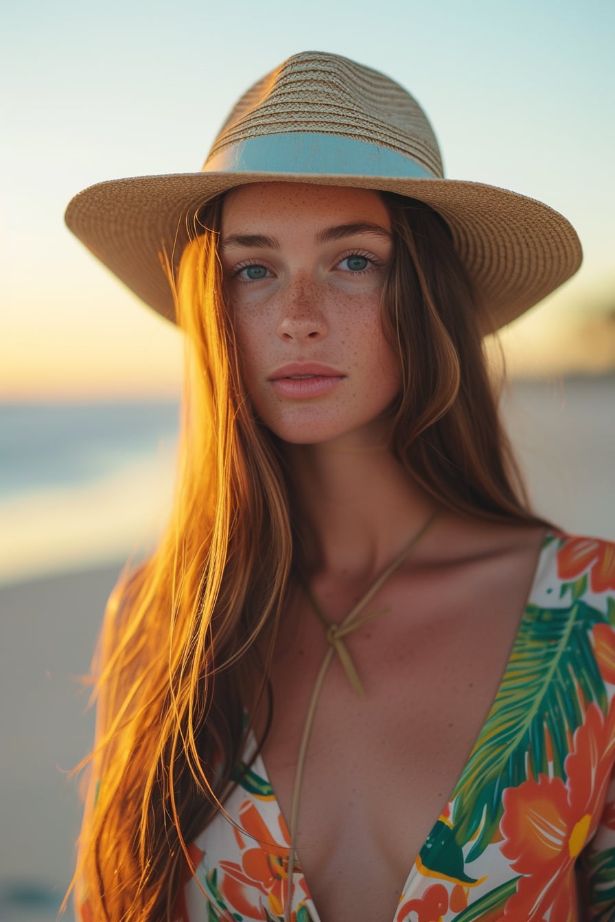  A young woman with long, sun-kissed hair, wearing a straw fedora with a light blue ribbon, paired with a bright, floral maxi dress, on a beach, sunset.