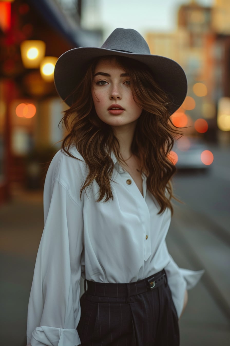  A full-length image of a young woman with wavy brunette hair, wearing a wide-brimmed light gray fedora, paired with a modern, minimalist white blouse and high-waisted black trousers, standing on an urban street, early evening.