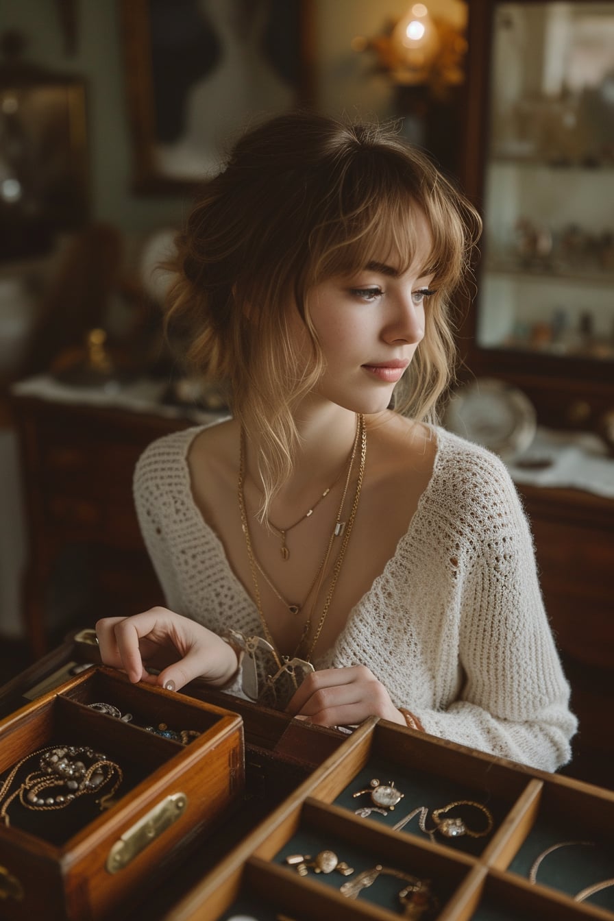 A young woman with a thoughtful expression, sitting at a vintage wooden desk, organizing her collection of delicate necklaces into individual compartments of a jewelry box. Soft, diffused daylight.