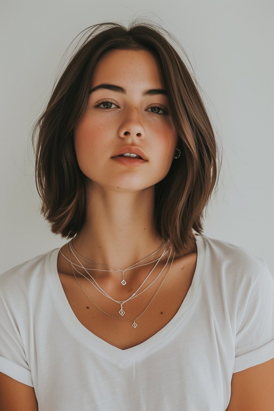 A young woman with a sleek bob haircut, wearing a simple white tee paired with a mix of silver and gold delicate necklaces, each featuring geometric pendants. A minimalist, well-lit interior background.