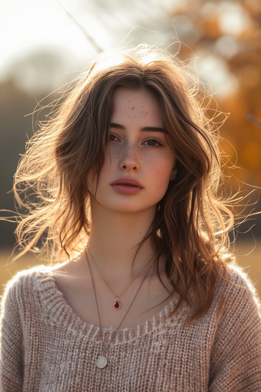  A young woman with loose, wavy hair, wearing a cashmere sweater and layering delicate necklaces, one with a small ruby pendant, against an autumnal outdoor background. Golden hour lighting.