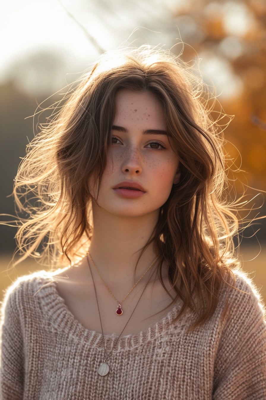 A young woman with loose, wavy hair, wearing a cashmere sweater and layering delicate necklaces, one with a small ruby pendant, against an autumnal outdoor background. Golden hour lighting.