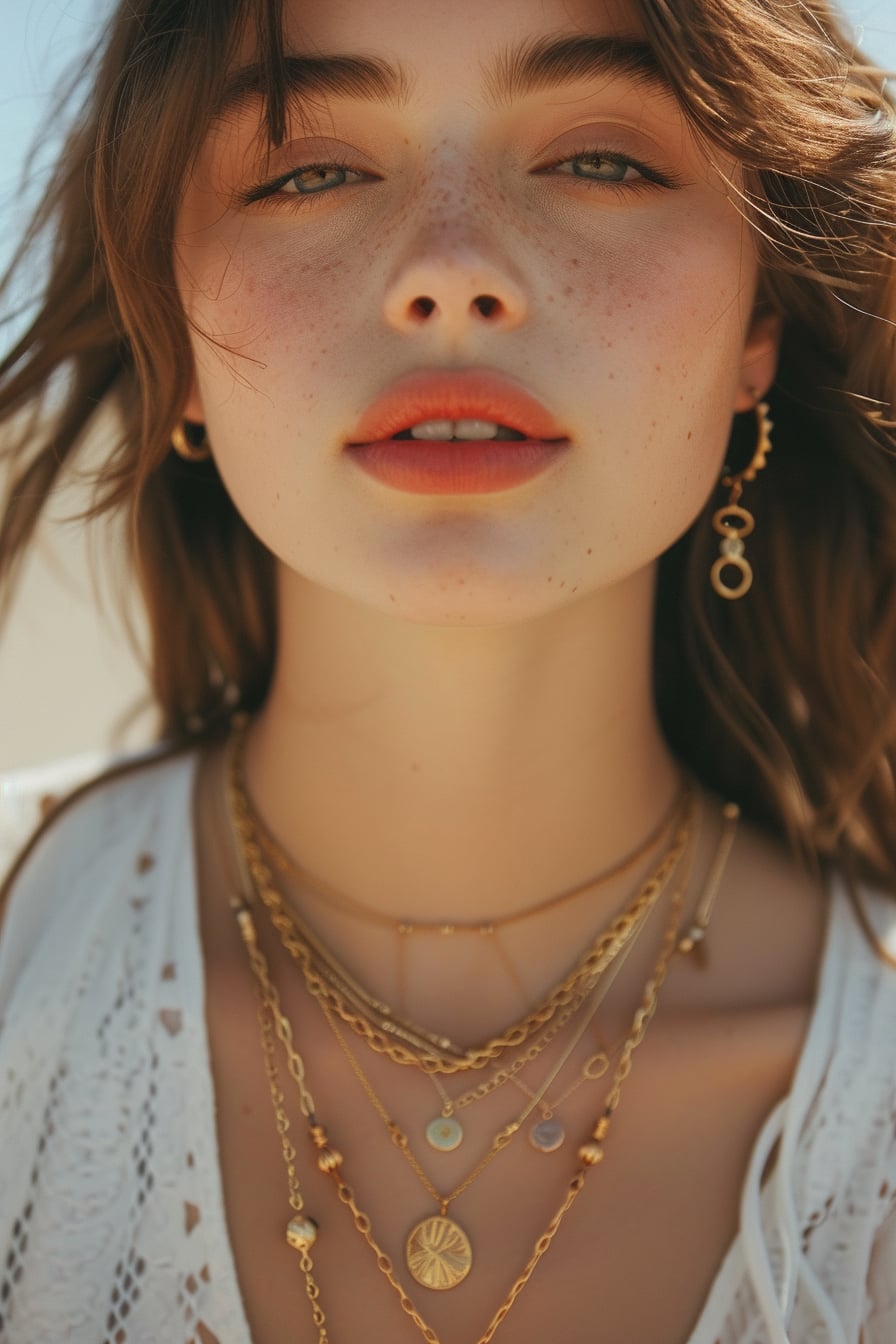  A close-up image of a young woman with sun-kissed skin, wearing multiple delicate gold necklaces of varying lengths, each with small, unique pendants. Soft, natural daylight.
