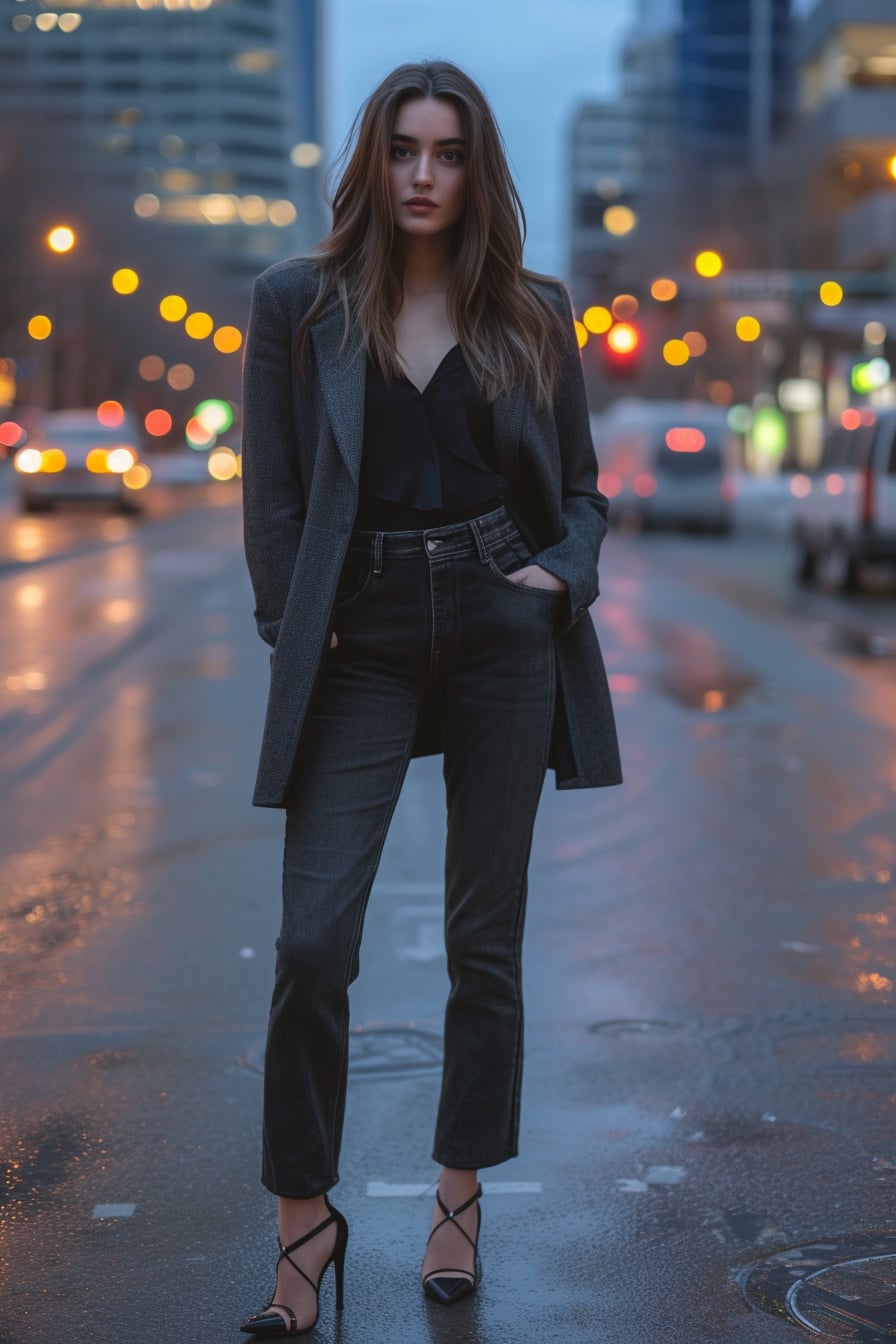 A young woman standing on a city street at dusk, wearing elegant dark jeans paired with a blazer and heels, the city lights beginning to twinkle in the background.