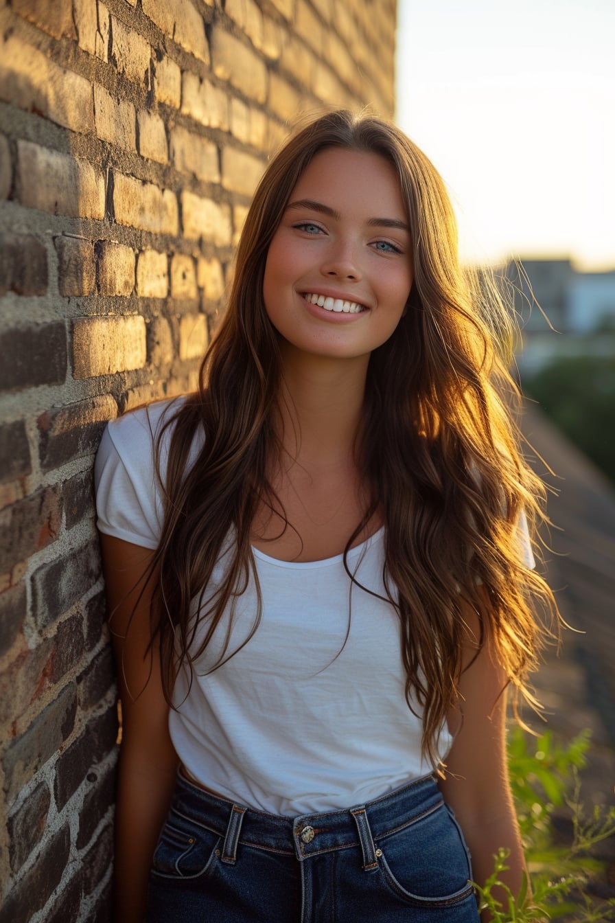  A full-length image of a young woman with a radiant smile, wearing classic dark blue jeans and a white T-shirt, leaning against a rustic brick wall, golden hour lighting.